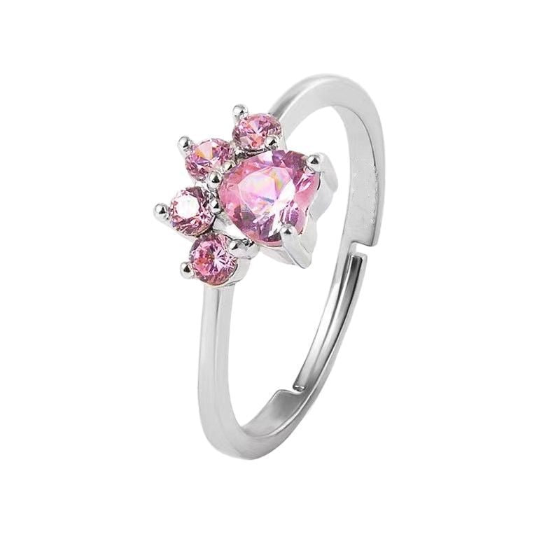 Wholesale Cute cartoon open adjustable cat paw cat footprint zircon ring